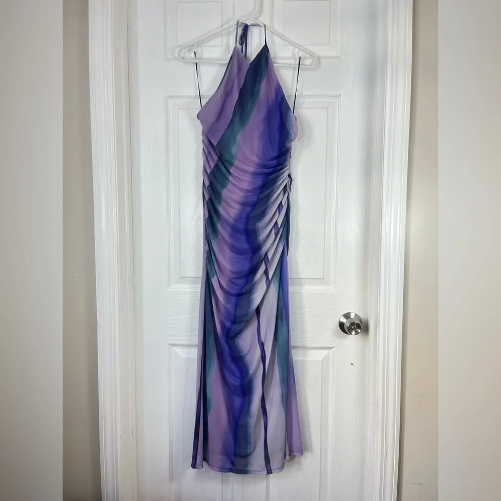 Zara Purple Marble Print Halter Midi Dress Size Large - Picture 2 of 8